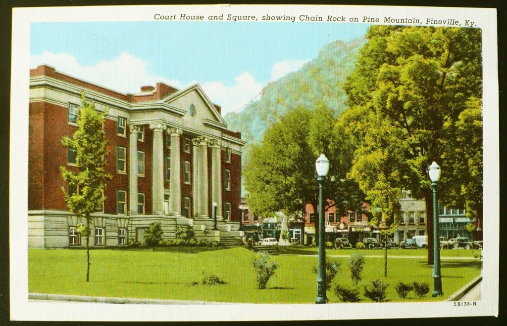 1945 Postcard image of the Third and Current Bell County Courthouse in Pineville which was built between 1919-1920. Three story brick building was designed by John Gaddis, architect from Vincennes, Indiana. The building was gutted by fire on March 4, 1944 and renovated shortly thereafter.