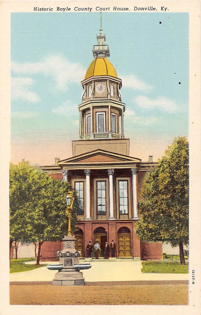 The second and current Boyle County Courthouse. Located in Danville and completed in 1862 at a cost of $15,000. It was built at the of the first courthouse .which was destroyed by fire in 1860.. Italianate style with two-story clock tower. The structure held only one session of court before the U.S. Army took it over as a hospital following the Battle of Perryville in October 1862. Damage caused by the soldiers required renovations and repairs 1873-1875. The design, construction, and repairs were by local architect James Carrigan. It was listed in the National Registry or Historical Places in 1973. 
