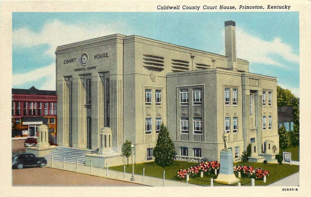 Fourth and current Caldwell County Courthouse, Princeton, Kentucky. Completed in 1940 with a grant and under the direction of the Works Product Administration. Designed by Madisonville architect Lawrence Casner to be the most modern in Western Kentucky. Constructed of poured concrete. Princeton attorney R.W. Lisanby was a strong proponent of this project. Cost $178,997. 